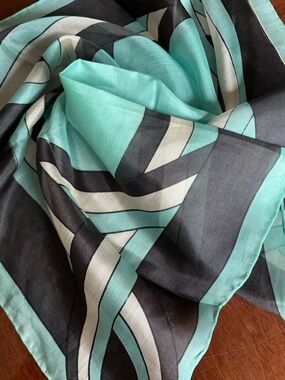 Light Aqua and Black Geometric Silk Scarf hand rolled by designer Sally Gee 18”